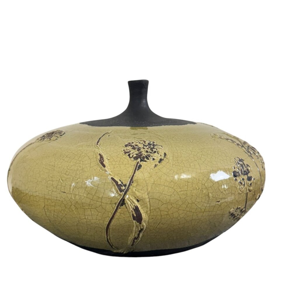 Vintage Unique Raku Pottery Vase with Intricate Crackle Flower Pattern Handmade - Picture 6 of 10